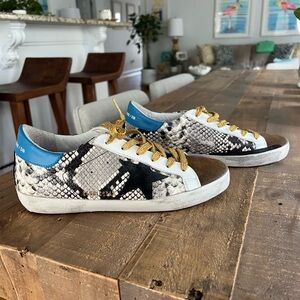 Golden Goose Snake Print Sneakers with Blue and Gold Accents